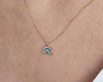 14K Gold Rainbow Necklace, Gold Enamel Rainbow Charm, Tiny Gold Necklace, Solid Gold Charm Necklace, Best Friend Gift, Handmade Jewelry