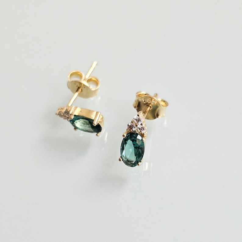 14K Gold Emerald Earrings, May Birthstone Earrings, Solid Gold Oval Cut Emerald Earrings, Christmas Gifts For Her, Gemstone Earrings image 2