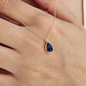 14K Gold Sapphire Necklace, September Birthstone, Pear Cut Blue Gemstone Necklace, Minimalist Teardrop Sapphire Charm, Birthstone Necklace