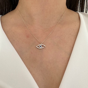 14K Solid Gold Evil Eye Necklace, Evil Eye Charm, Dainty Gold Necklace, Evil Eye Pendant, Blue & White Zircon Evil Eye, Solid Gold Necklace