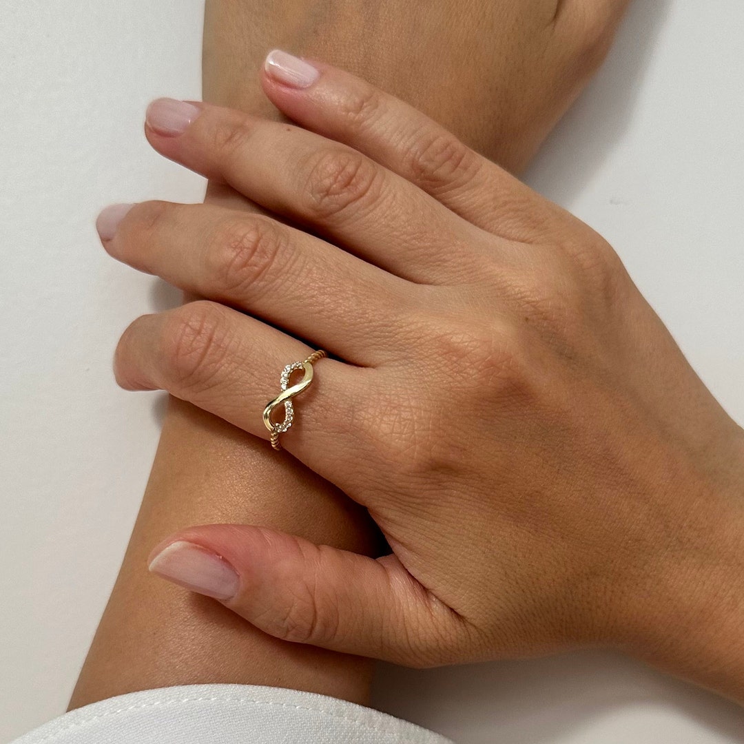 14K Gold Infinity Ring, Solid Gold Infinity Ring With CZ, Stackable ...