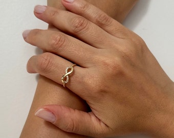 14K Gold Infinity Ring, Solid Gold Infinity Ring with CZ, Stackable Rings, Good Luck Ring, Mini Eternity Ring, Fine Jewelry, Birthday Gift