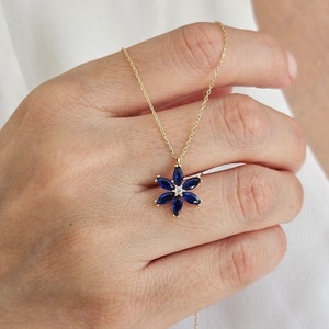 Sapphire Flower Necklace, September Birthstone, 14K Gold Sapphire Pendant Necklace, Birthstone Necklace, Marquise Cut Sapphire Flower Charm