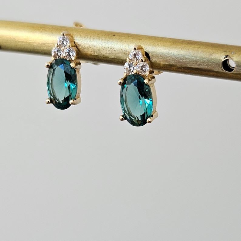 14K Gold Emerald Earrings, May Birthstone Earrings, Solid Gold Oval Cut Emerald Earrings, Christmas Gifts For Her, Gemstone Earrings image 3