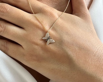 14K Gold Butterfly Necklace, Minimalist Jewelry, Fine Jewelry, Gold Butterfly Necklace, Christmas Gift, Handmade Jewelry, Anniversary Gift