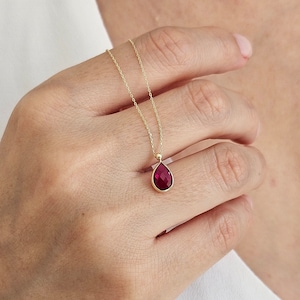 14K Ruby Necklace, July Birthstone, Pear Cut Pink-Red Gemstone Necklace, Minimalist Teardrop Ruby Charm, Birthstone Necklace, Gift For Her