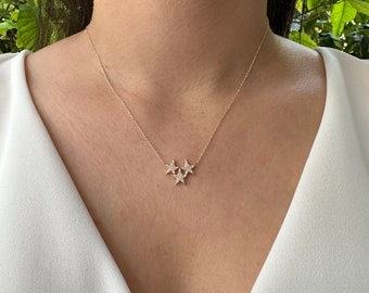 14K Solid Gold Star Necklace, Triple Star Minimalist Necklace, Dainty Necklace, Christmas Gift For Mom, Handmade Jewelry