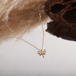 14K Gold Dragonfly Necklace, Dragonfly Jewelry, Handmade Jewelry, Solid Gold Dragonfly Pendant Necklace, Minimalist Jewelry, Gift For Her