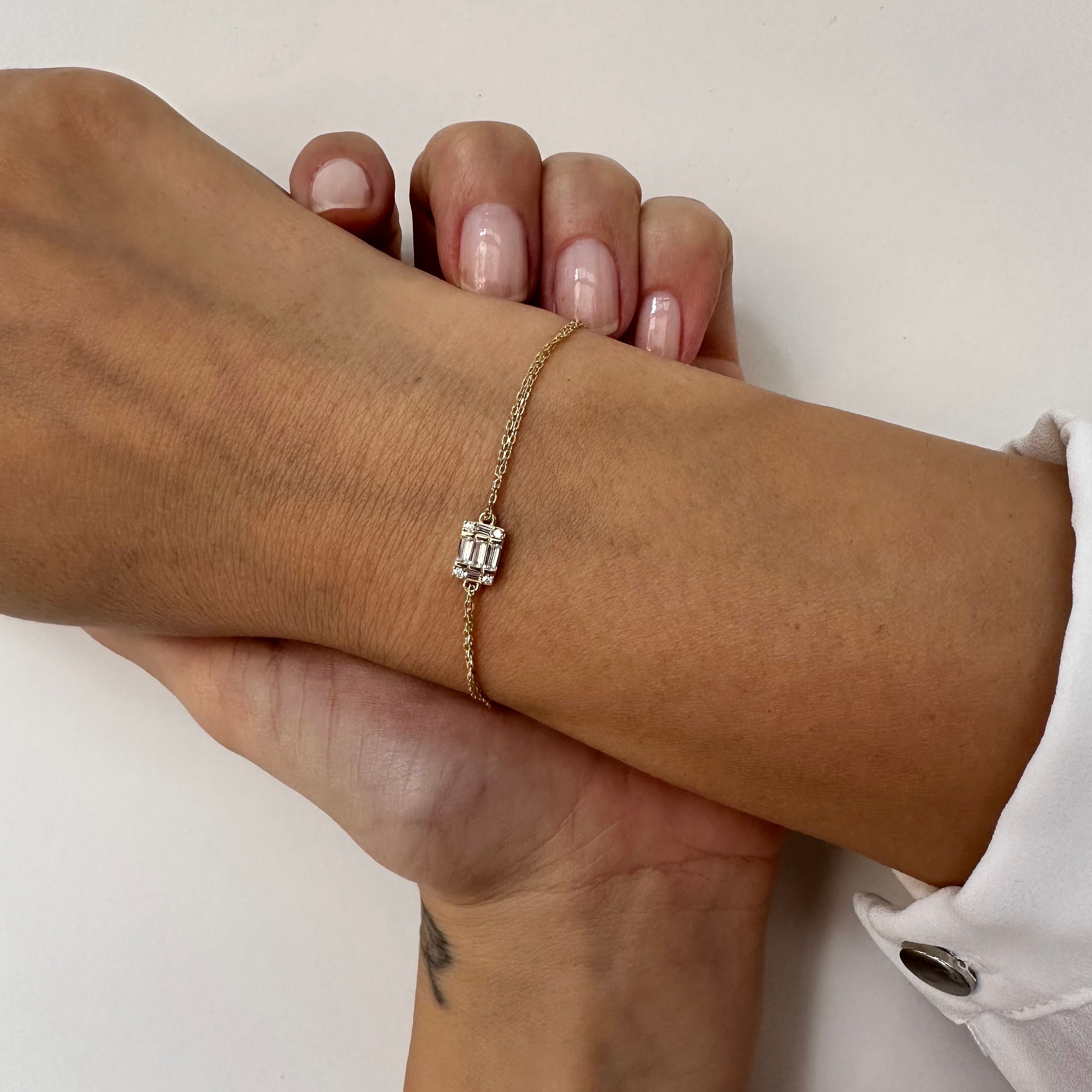 14K Solid Gold Baguette Bracelet, Birthstone Bracelet, Tiny Baguette Bracelet, Anniversary Gift, Handmade Jewelry,  April Birthstone