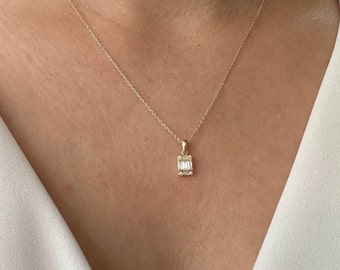 14K Solid Gold Baguette Necklace, Tiny Baguette Pendant, Minimalist Necklace, Wedding Gift, Birthstone Necklace, Dainty Handmade Jewelry