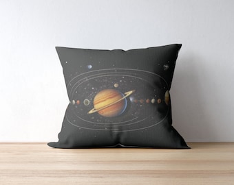 Op de afbeelding: Een zwart kussen met een afbeelding van het zonnestelsel. De planeten zijn afgebeeld in hun banen rond de zon, waarbij Jupiter de grootste en meest prominente planeet in het ontwerp is.