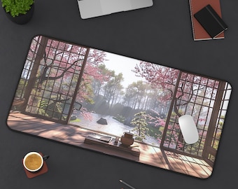 Desk Mat | Serene | Japanese | Zen | Garden | Cherry Blossom | Office | Tranquil | Laptop | Neoprene | Non-Slip | Mouse Pad | Minimalist |