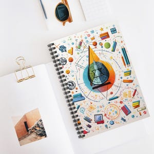 May include: A spiral bound notebook with a colorful design featuring a compass, pencils, books, and other school supplies. The background is white with a light beige tint.