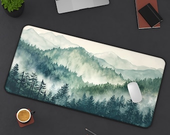 Desk Mat | Watercolor | Misty | Mountain | Serene | Nature | Pine | Tranquil | Forest | Neoprene | Non-Slip | Mouse Pad | Landscape | Green