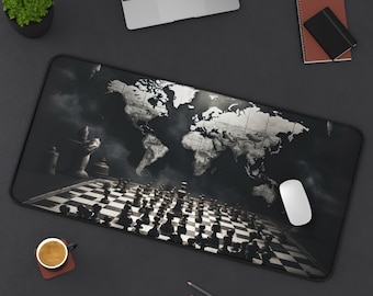 Desk Mat | World Map | Chess | Match | Global | Chess Board | Timeless | Elegance | Strategy | Knowledge | Desk | Black & White |