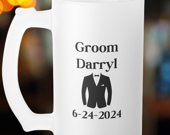 Groom Beer Mug, Custom Groom Frosted Glass Beer Mug with name and date, personalized gift for Groomsmen, wedding party favors,