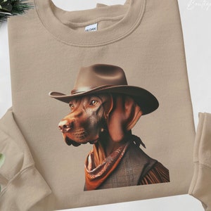 Cowboy Vizsla Sweatshirt, Western graphic dog shirt for country boy, western wear, father's day gift, mother's day, vizsla dog western shirt