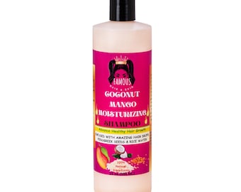 May include: A bottle of Famous Hair & Skin moisturizing shampoo. The label is pink and features the text "GOGONUT MANGO MOISTURIZING SHAMPOO". The bottle is infused with amazing hair drops, fenugreek seeds, and rice water. The bottle contains 16 fl oz (473 ml).