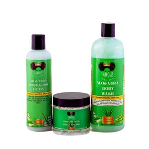 30 oz. Aloe Vera Collection/ 16 oz. Aloe Vera Body wash for skin/ 8 oz. All Natural Aloe Vera Lotion to moisten skin/ 6 oz. Aloe face gel