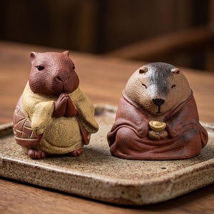 May include: Two ceramic figurines of capybaras in robes, one in tan and the other in red-brown, sitting on a rectangular tray. The capybaras have their hands clasped in prayer and are holding a small golden bowl.