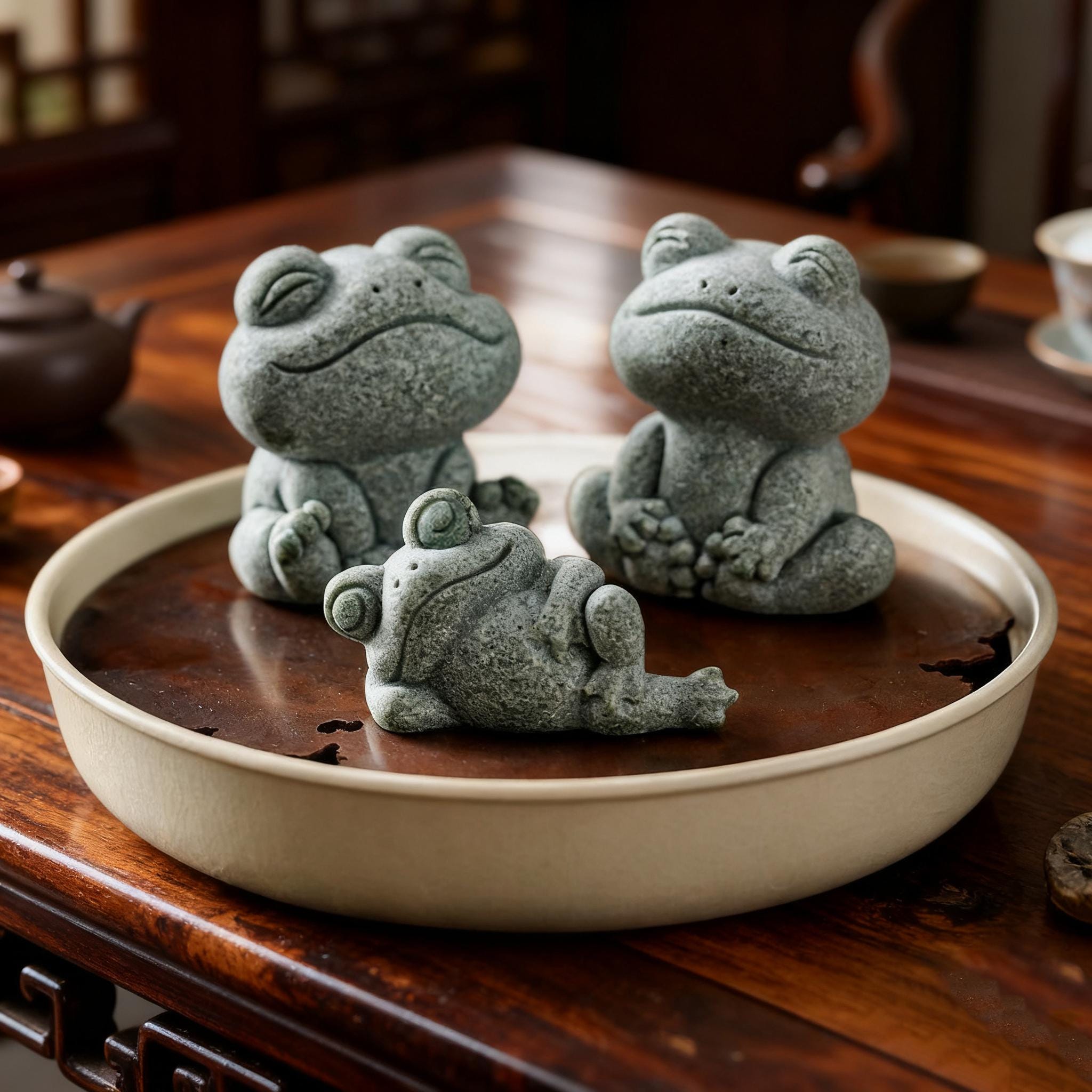 Hand-carved Green Sandstone Frog Tea Pet – Lucky Frog Figurine for