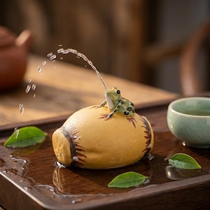 May include: A ceramic frog figurine with a water fountain feature. The frog is green and black, perched atop a yellow, gourd-shaped base. Water sprays from the frog's mouth. The figurine sits on a wooden tray with green tea leaves.