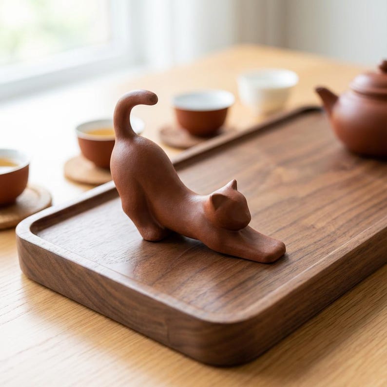 Puede incluir: Una figura de gato de cer&aacute;mica marr&oacute;n en posici&oacute;n de estiramiento descansa sobre una bandeja de t&eacute; de madera. La bandeja est&aacute; rodeada de tazas de t&eacute; y una tetera, lo que sugiere un ambiente de ceremonia del t&eacute;. La figura del gato es el punto focal.