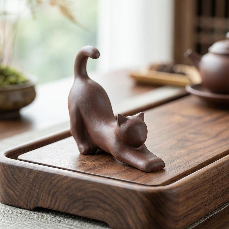 Puede incluir: Figura de gato de cer&aacute;mica marr&oacute;n en posici&oacute;n de estiramiento. El gato est&aacute; sobre una bandeja de madera, con una tetera y otros objetos en el fondo. La figura tiene un acabado liso y mate y es un objeto decorativo.