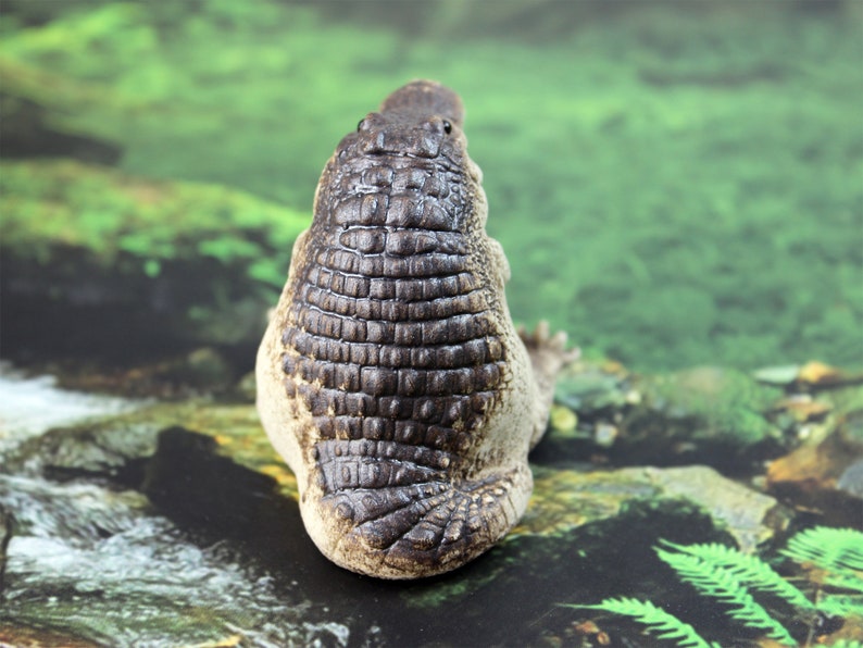 May include: A close-up of a brown and black alligator figurine with a textured, scaly back. The figurine is sitting on a rock with a green and brown background.