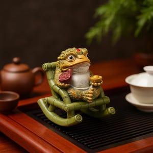 Puede incluir: Figura detallada de una rana sentada en una mecedora verde, sosteniendo una pequeña taza roja y un lingote de oro. La rana tiene una piel texturizada amarilla y verde, con un punto rojo en la cabeza. La figura está sobre una bandeja de madera.