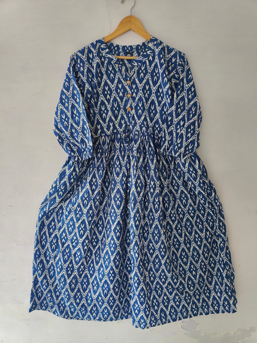 Indigo Blue Cotton Bindi Motif Gathered Dress