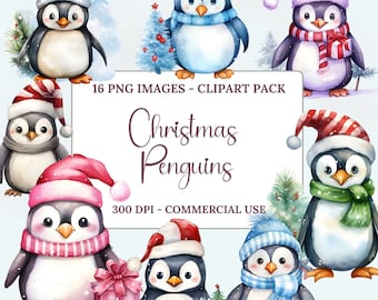 Cute Christmas Penguins Clipart, Watercolor Clipart, Christmas Watercolor, Clipart Penguin, Clipart Pack, Instant Download, PNG
