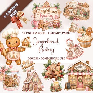 Könnte beinhalten: Eine digitale Clipart-Sammlung mit dem Titel Gingerbread Bakery, bestehend aus 16 PNG-Bildern von Lebkuchenmännern, Häusern, einer Bäckerei-Fassade, Cupcakes und festlichen Leckereien in Braun-, Rot-, Rosa- und Grüntönen.