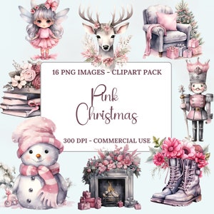 Pink Christmas Clipart, Watercolor Clipart, Christmas Watercolor, Pink Christmas, Clipart Pack, Instant Download, PNG