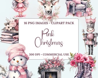 Clipart Noël rose, clipart aquarelle, aquarelle de Noël, Noël rose, pack de cliparts, téléchargement immédiat, PNG