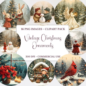 May include: A set of 16 vintage Christmas ornament clipart images. The images feature a variety of winter scenes, including a snowman, a cardinal, a Christmas tree, a gingerbread house, and a winter forest. The images are in a vintage style with a soft, muted color palette. The text "16 PNG IMAGES - CLIPART PACK" and "Vintage Christmas Ornaments" is displayed on the image.