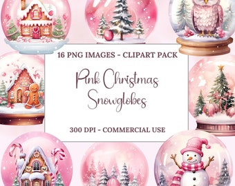 Pink Christmas Snow Globes Clipart, Watercolor Clipart, Christmas Watercolor, Christmas Snow Globe, Clipart Pack, Instant Download, PNG