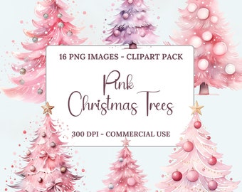 Pink Christmas Trees Clipart, Watercolor Clipart, Christmas Watercolor, Pink Christmas Trees, Clipart Pack, Instant Download, PNG