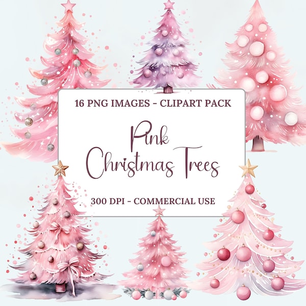 Pink Christmas Trees Clipart, Watercolor Clipart, Christmas Watercolor, Pink Christmas Trees, Clipart Pack, Instant Download, PNG