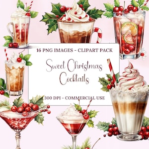 Sweet Christmas Cocktails, Christmas Clipart, Watercolor Clipart, Christmas Watercolor, Pink Christmas, Clipart Pack, Instant Download, PNG