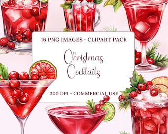 Christmas Cocktails Clipart, Watercolour Drinks, Xmas Alcohol Drink Illustration, Holiday Clip Art, Christmas Clipart, Transparent PNG