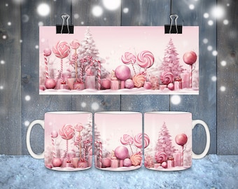 May include: Three white ceramic mugs with pink and white winter wonderland designs. The mugs feature candy canes, lollipops, and snow-covered trees. The designs are inspired by a winter wonderland theme.