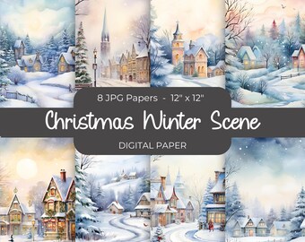 Digitalt papper med julvintermotiv, julscener, julbysidor, direktnedladdning, skräpjournal, pyssel, korttillverkning