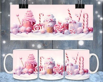 Pink Christmas Candies Christmas Mug Wrap, 11oz And 15oz Mug Template, Mug Wrap Sublimation, Mug Wrap Template, Instant Digital Download