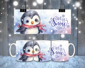 Puede incluir: Dos tazas de cerámica blanca con un diseño de pingüino de invierno. Una taza presenta un pingüino con una bufanda roja y el texto "Let it Snow". La otra taza presenta un pingüino con una bufanda roja.