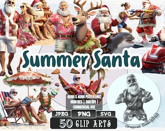 50 Summer Santa - Christmas Clip Art | 5 digital file types | Color & Grayscale PNG | JPEG | SVG | Coloring/Painting | Crafts | Stickers