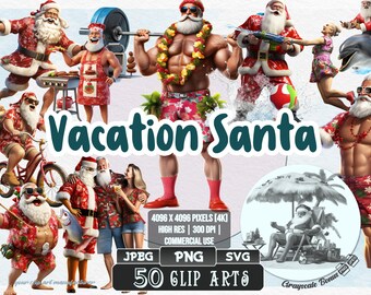 50 Vacation Santa - Christmas Clip Art | 5 digital file types | Color & Grayscale PNG | JPEG | SVG | Coloring/Painting | Crafts | Stickers