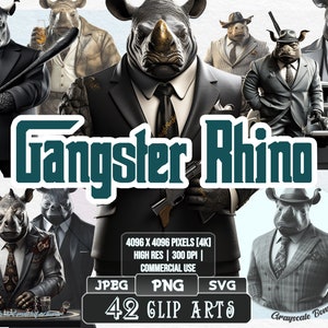 42 Gangster Rhino - Mafia Clip Art / 5 tipos de archivos digitales / Color y escala de grises PNG / JPEG / SVG / Colorear/Pintura / Manualidades / Pegatinas