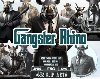 42 Gangster Rhino - Mafia Clip Art | 5 digital file types | Color & Grayscale PNG | JPEG | SVG | Coloring/Painting | Crafts | Stickers