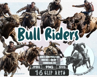 16 Bull Riders - Wild West Rodeo | 5 digital file types | Color & Grayscale PNG | JPEG | SVG | Coloring/Painting | Crafts | Stickers